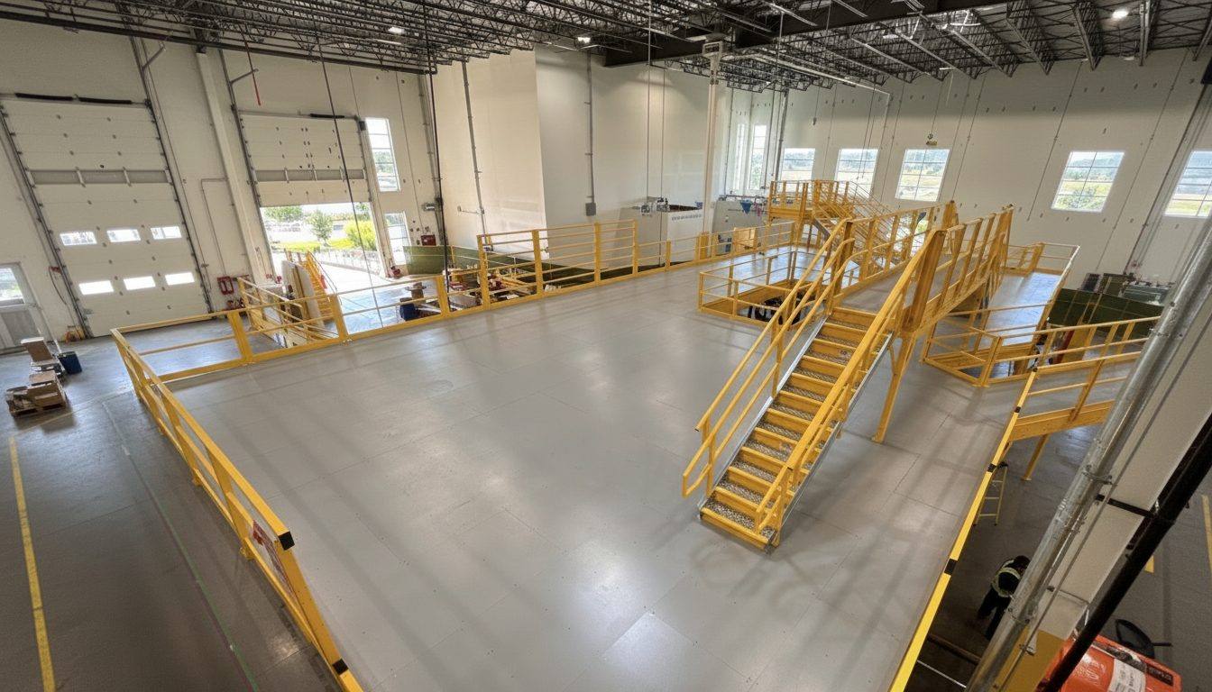 MTLI Group mezzanine platform installation with safety railings